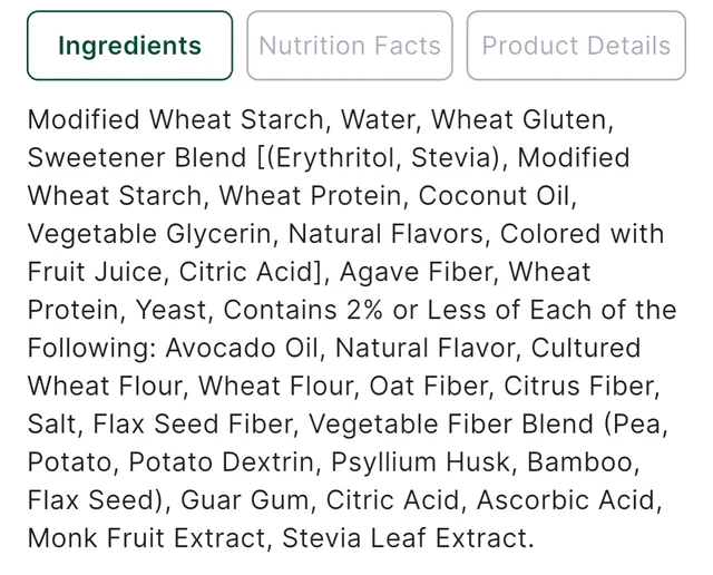 Ingredients tab of a scanned product in Guiltless, here a bagel, listing modified wheat starch, wheat gluten, a sweetener blend of erythritol and stevia, wheat protein and other ingredients.