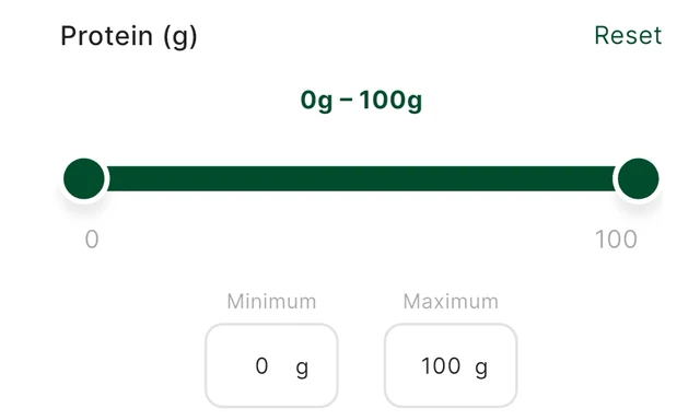 Guiltless filter screen showing a Protein (g) range slider set from 0 g to 100 g, with minimum and maximum boxes.