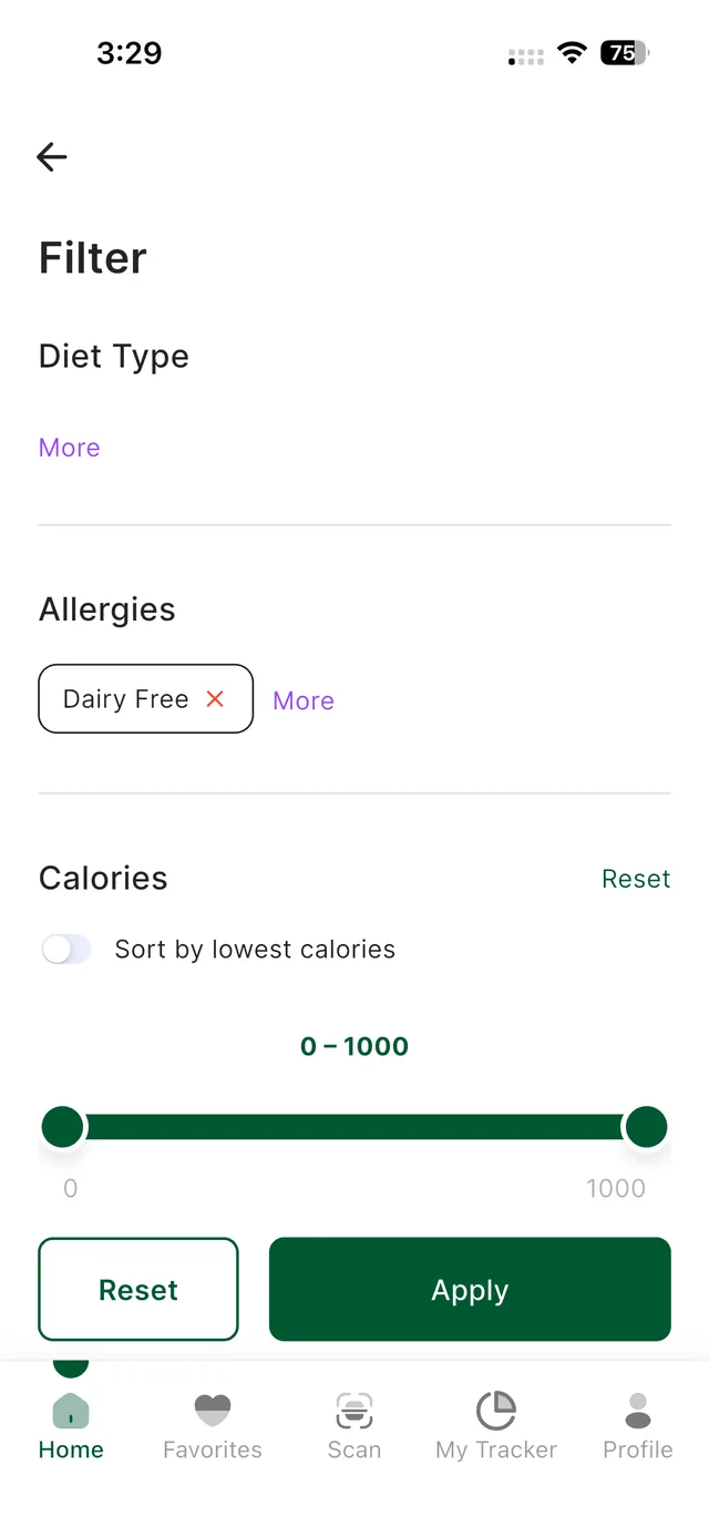 Guiltless Filter screen. Under Allergies, a Dairy Free chip is selected.