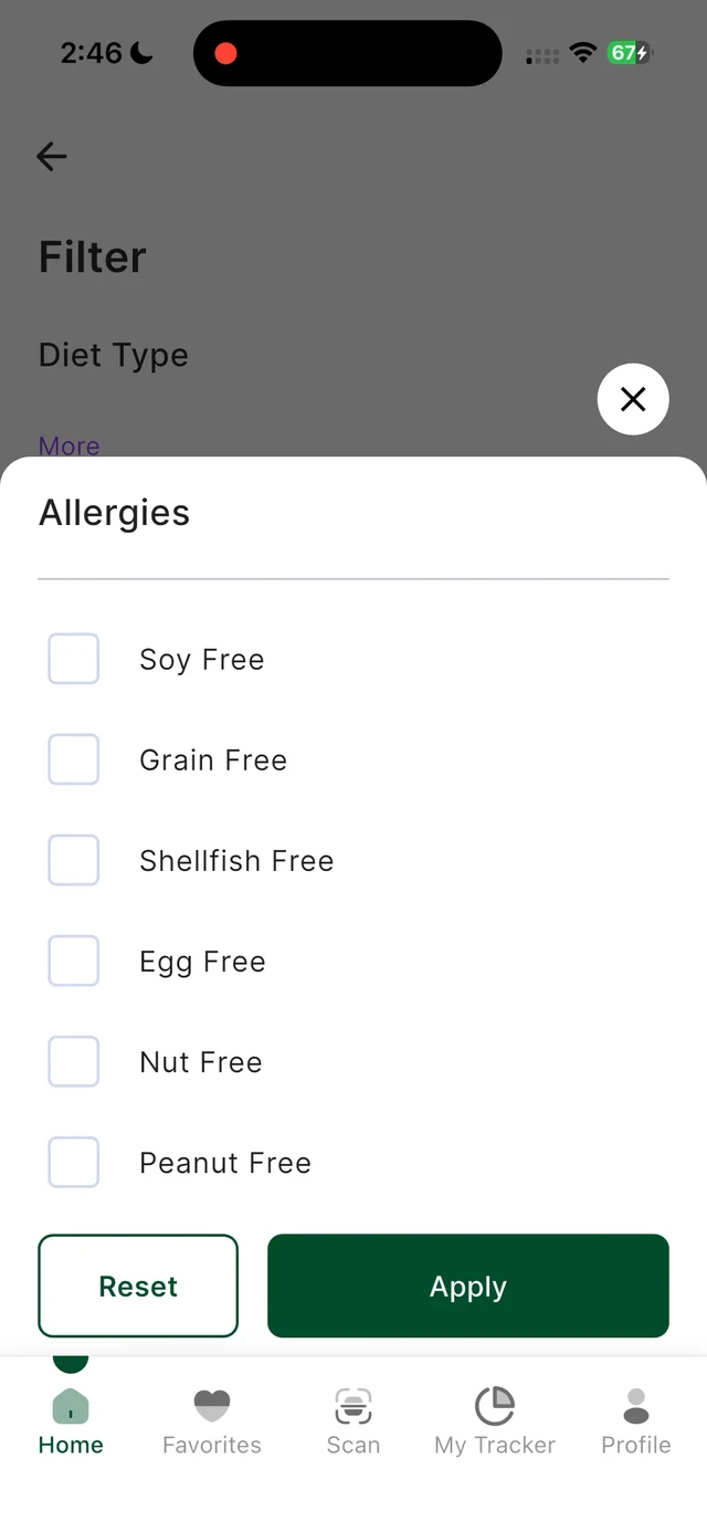 Guiltless Allergies filter list showing Soy Free, Grain Free, Shellfish Free, Egg Free, Nut Free and Peanut Free, each with a checkbox, above Reset and Apply buttons.