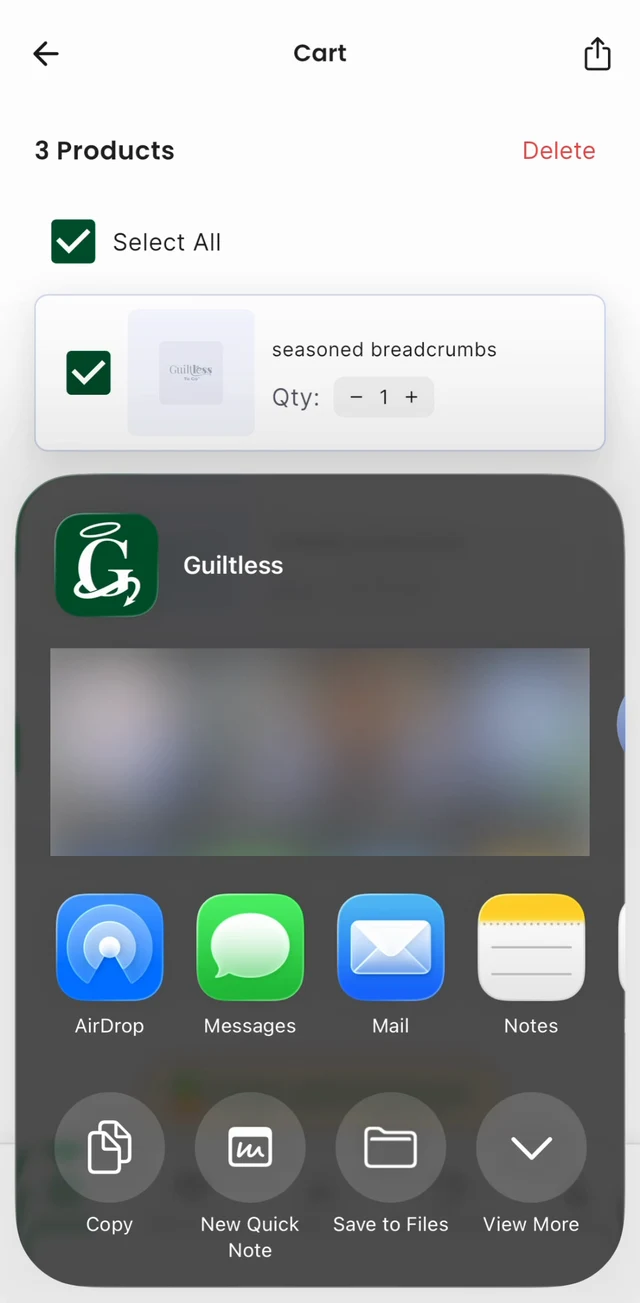 Guiltless cart screen showing "3 Products," with the phone's share menu open over it. The share options include AirDrop, Messages, Mail, Notes, Copy, New Quick Note and Save to Files.