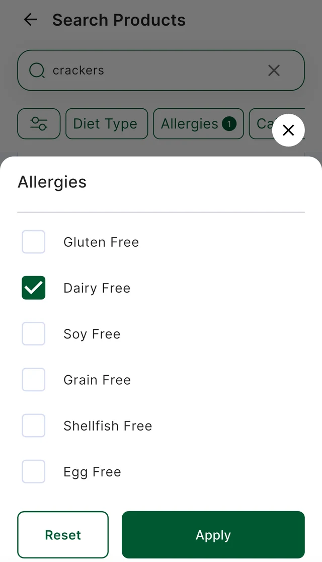 Guiltless product search with the Allergies filter open. The list shows Gluten Free, Dairy Free (checked), Soy Free, Grain Free, Shellfish Free and Egg Free, each with a checkbox, above Reset and Apply buttons.